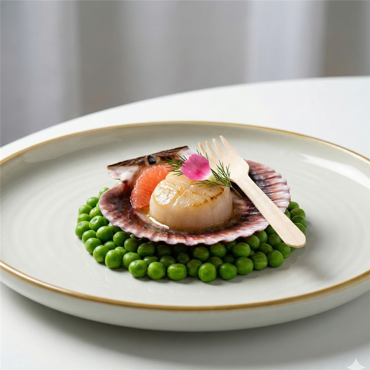 Plat gastronomique noix de Saint-Jacques snackées