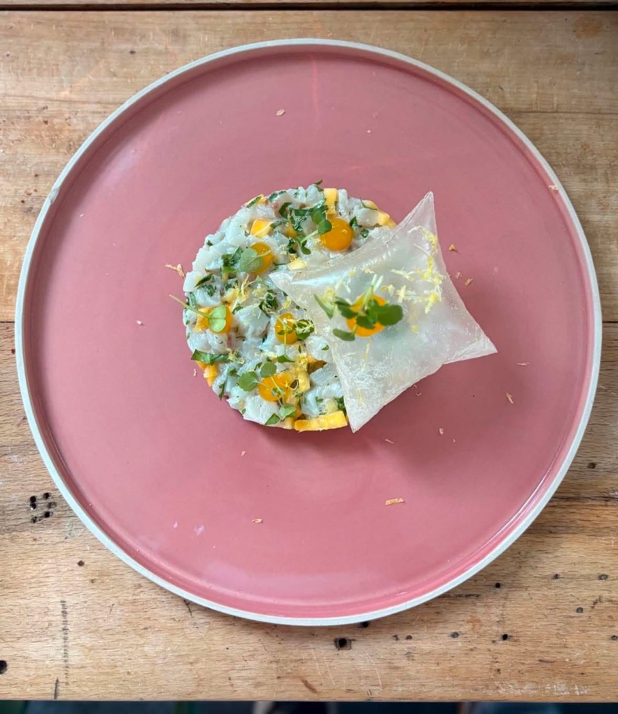 Tartare de poisson frais sur assiette rose